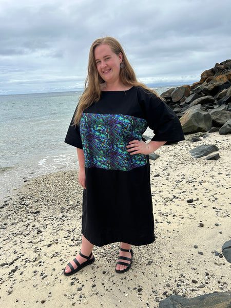 Black Dress with Paua Shell Inspiration by Maori Fashion Designer Adrienne Whitewood