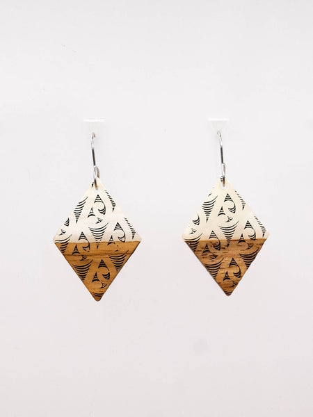 Milky Resin & Walnut Wood Rhombus Earring with Black Ngaru Print