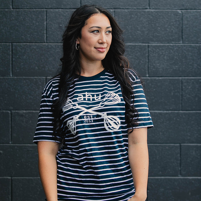 Navy and White Maori Inspired Shirt by Rotorua Fashion Designer Adrienne Whitewood