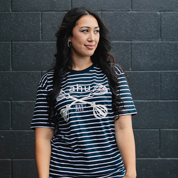 Navy Stripe Maori Inspired Shirt by Rotorua Fashion Designer Adrienne Whitewood