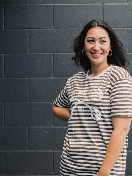 Walnut Stripe Tee with Maori Poi Design by Maori Fashion Designer Adrienne Whitewood