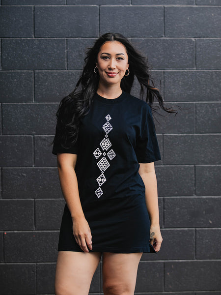 Maori Inspired White Taniko Waru Print on Black Oversized Tee Dress by Rotorua Fashion Designer Adrienne Whitewood.