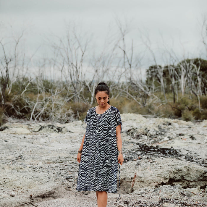 Black, Grey and White Maori Inspired Chiffon Dress by Aotearoa Fashion Designer Adrienne Whitewood