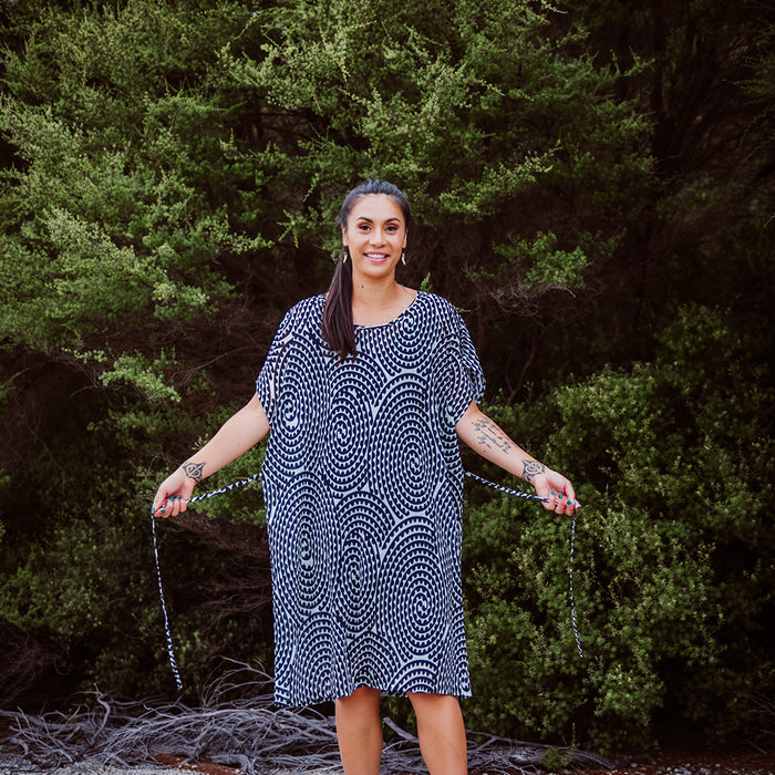 Black, Grey and White Maori Inspired Chiffon Dress by Aotearoa Fashion Designer Adrienne Whitewood