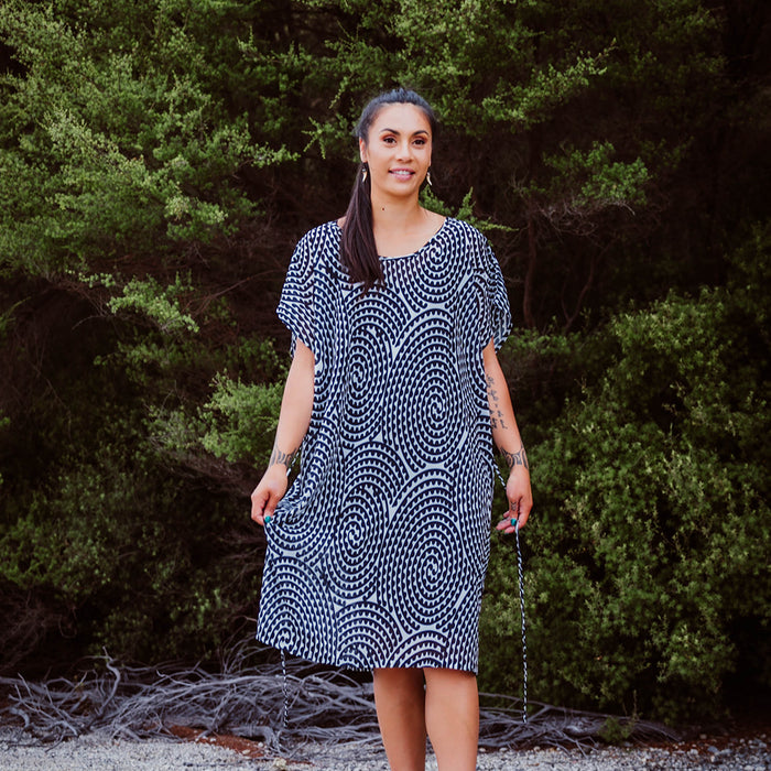 Black, Grey and White Maori Inspired Chiffon Dress by Maori Fashion Designer Adrienne Whitewood