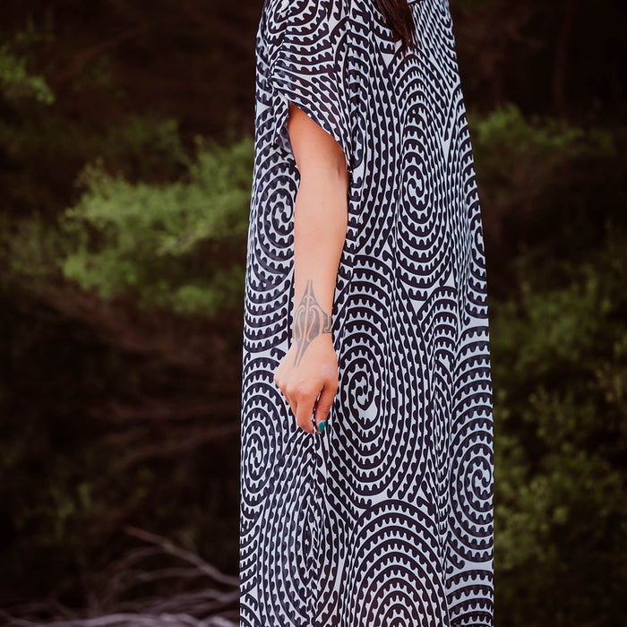 Black, Grey and White Maori Inspired Chiffon Dress by Maori Fashion Designer Adrienne Whitewood