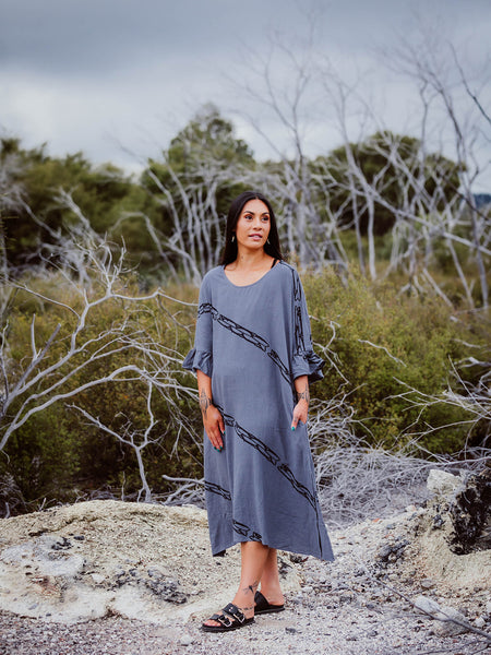 Maori Motivated Black Ritorito Design Frill Dress in Grey by Aotearoa Fashion Designer Adrienne Whitewood