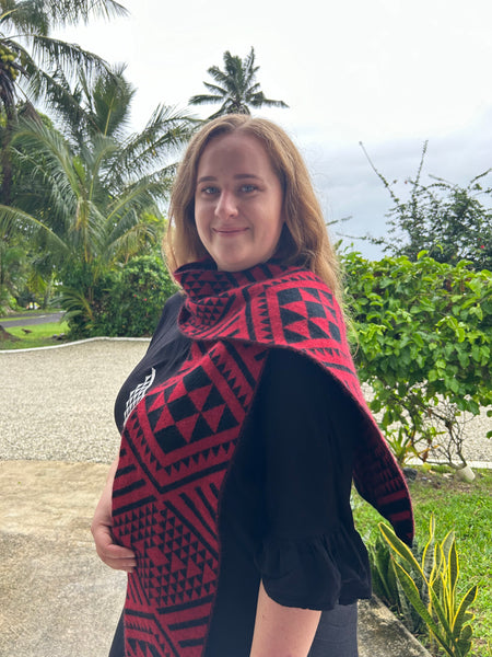 Beautiful Red and Black Kameta with Maori Inspired Design by Rotorua Fashion Designer Adrienne Whitewood