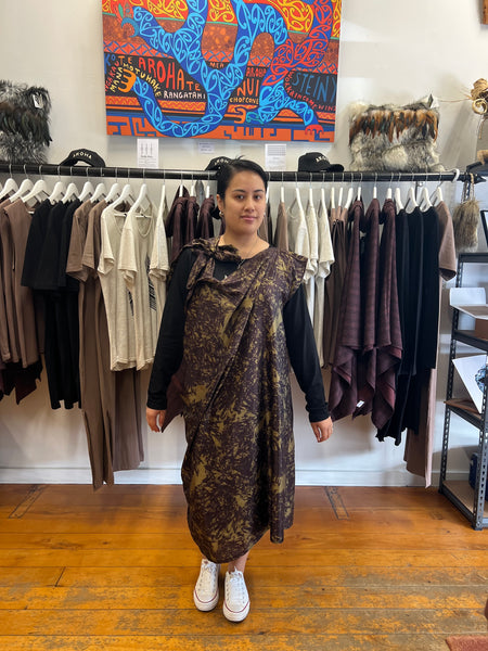 Ngahere Inspired Tie Dress created in Rotorua by Maori Fashion Designer Adrienne Whitewood