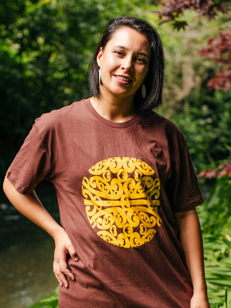 Māori Inspired Yellow Koru Design Tee in Chestnut by Maori Fashion Designer Adrienne Whitewood
