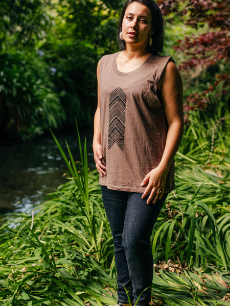 Maori Designed Print in Black with a Sleeveless Tank in Musk designed by Maori Fashion Designer Adrienne Whitewood