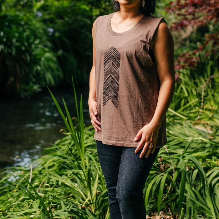 Maori Designed Print in Black with a Sleeveless Tank in Musk designed by Maori Fashion Designer Adrienne Whitewood