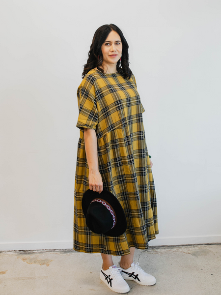 Tartan Short Sleeve Dress - Mustard