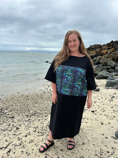Black Dress with Paua Shell Inspiration by Maori Fashion Designer Adrienne Whitewood