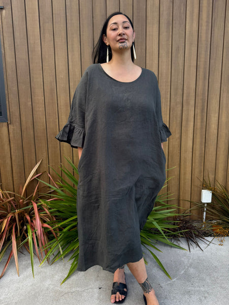 Taimana Toru Frill Sleeve Linen Dress - Dark Green