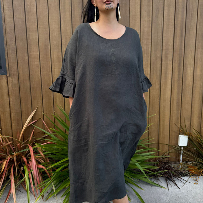 Taimana Toru Frill Sleeve Linen Dress - Dark Green