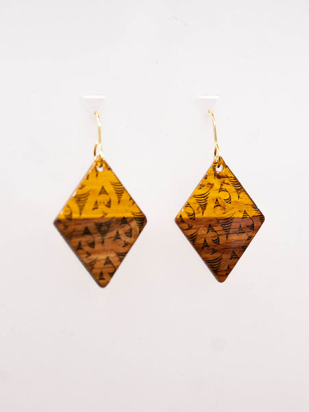 Brown Resin & Walnut Wood Rhombus Earring - Black Ngaru Print