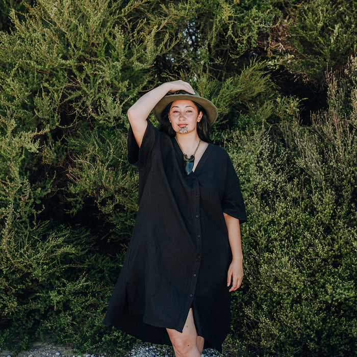 Taimana Toru Button Linen Dress - Black