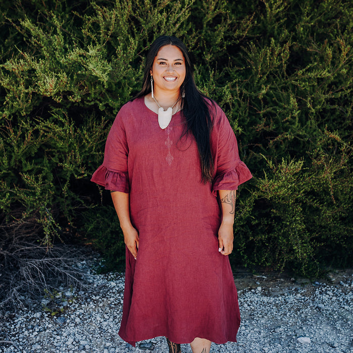 Taimana Toru Frill Sleeve Linen Dress - Dark Maroon