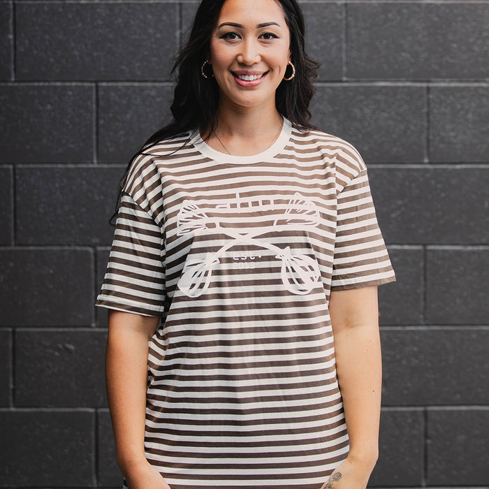 Poi Design on Walnut striped Tee by Maori Fashion Designer Adrienne Whitewood