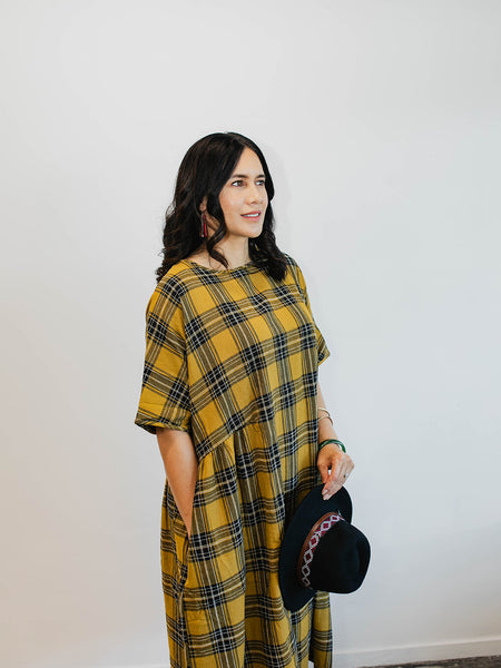 Tartan Short Sleeve Dress - Mustard