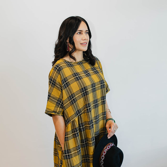 Tartan Short Sleeve Dress - Mustard