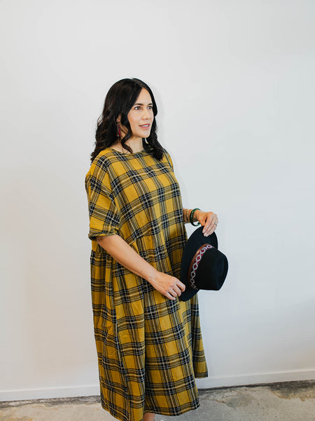 Tartan Short Sleeve Dress - Mustard