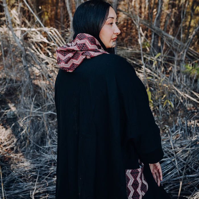 Waharua Kōpito with Taimana Embroidery Hooded Coat - Black