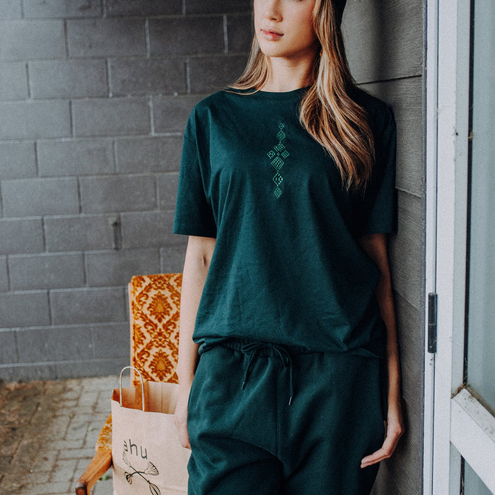 Embroidered Taniko Roa Track Pant - Pine Green