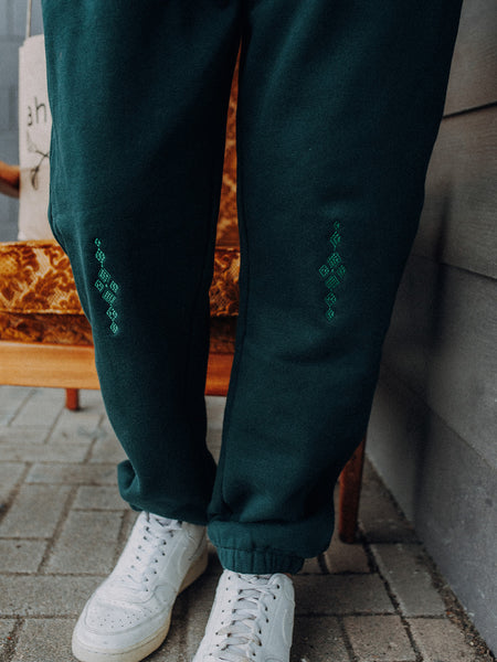 Embroidered Taniko Roa Track Pant - Pine Green
