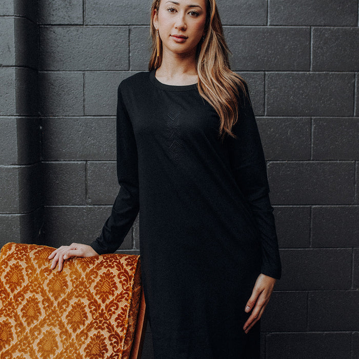 Embroidered Taniko Hou Long Sleeve Dress - Black