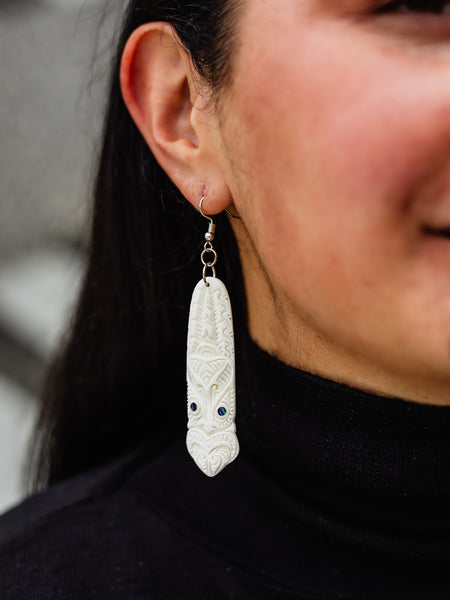 Bone Toki Earrings with Tiki Pattern
