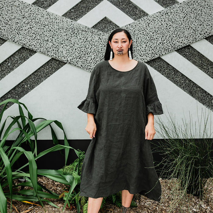 Taimana Toru Frill Sleeve Linen Dress - Dark Green