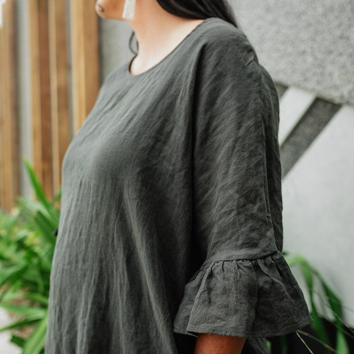 Taimana Toru Frill Sleeve Linen Dress - Dark Green