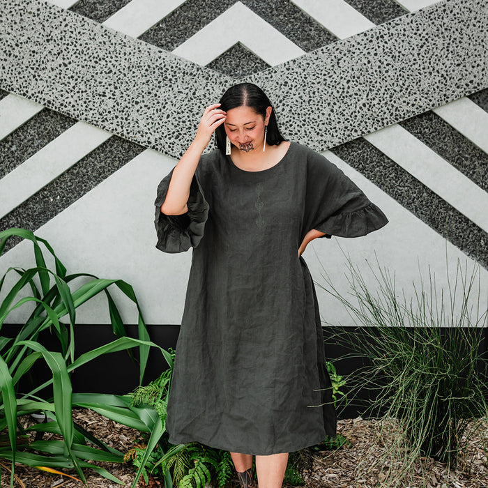 Taimana Toru Frill Sleeve Linen Dress - Dark Green