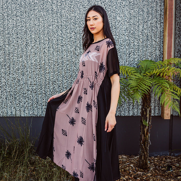 Whēki with Taniko Hou Drawstring Dress - Blush