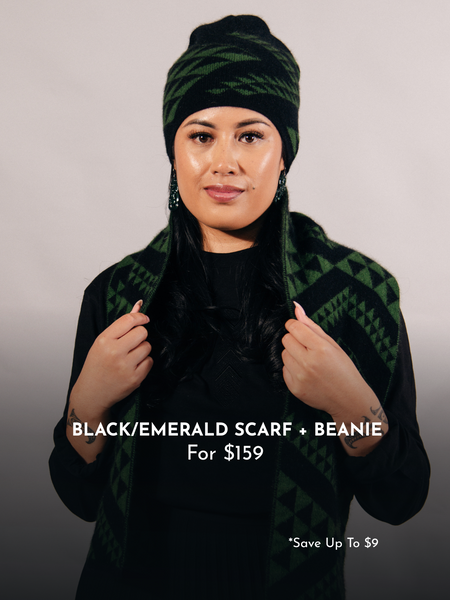 Waharua Kōpito Kākāriki/Pango Kāmeta & Pōtae Set (Emerald/Black Scarf + Hat)