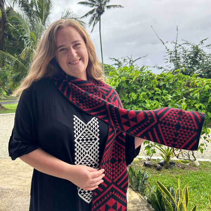 Beautiful Red and Black Scarf with Maori Design by Aotearoa Fashion Designer Adrienne Whitewood