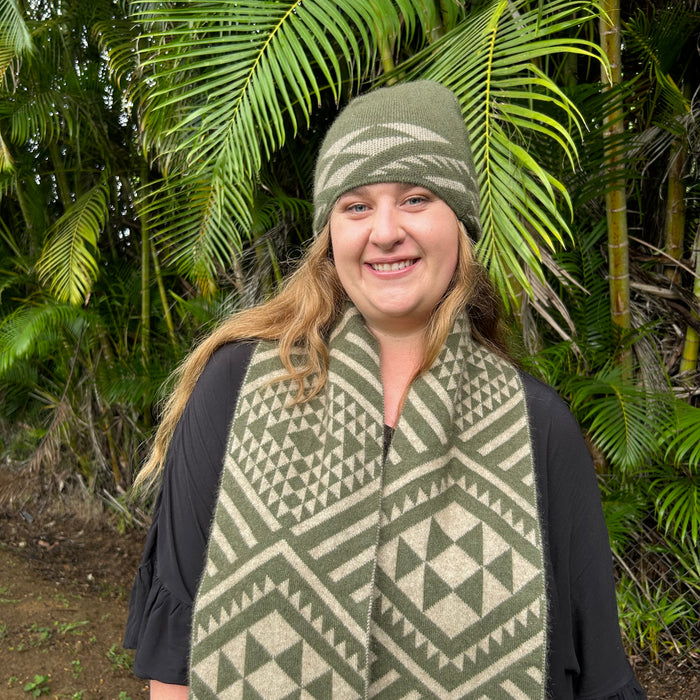 Maori Designed Scarf and Beanie by Aotearoa Fashion Designer Adrienne Whitewood