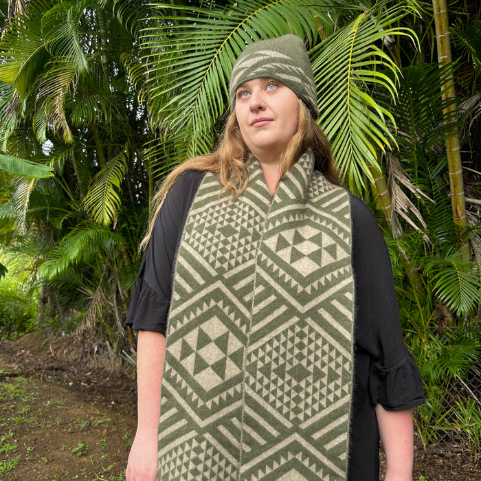 Olive and Natural Maori Motivated Scarf and Potae by New Zealand Fashion Designer Adrienne Whitewood