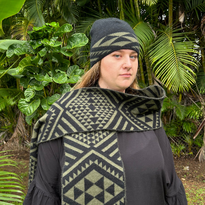 Maori Inspired Harakeke and Pango Scarf and Beanie by Maori Fashion Designer Adrienne Whitewood