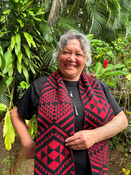 Beautiful Red and Black Kameta with Maori Inspired Design by Rotorua Fashion Designer Adrienne Whitewood