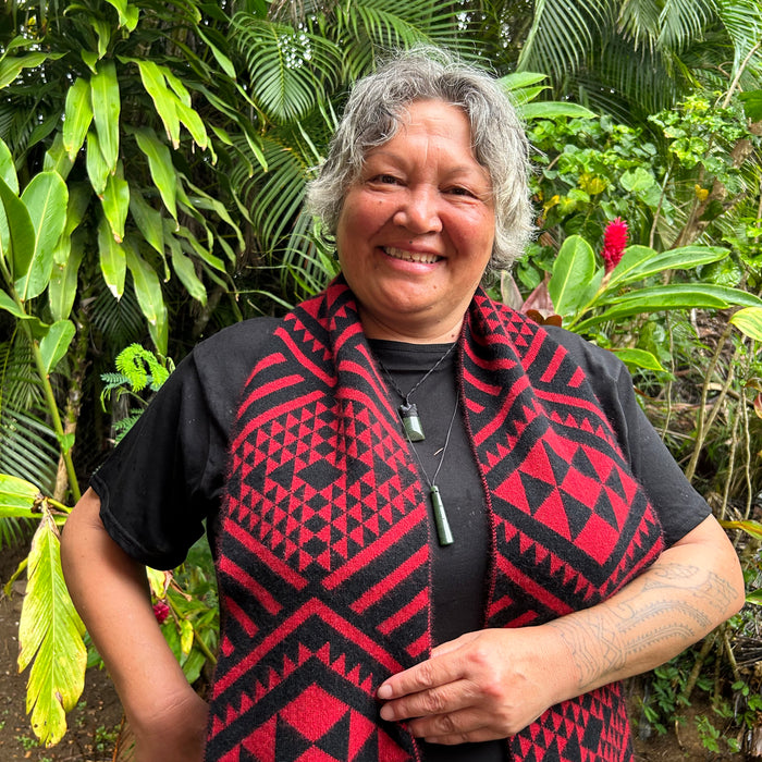 Red and Black Print on Merino Scarf by Maori Fashion Designer Adrienne Whitewood
