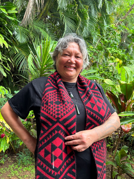 Maori Inspired Kameta in Whero and Pango by Rotorua Fashion Designer Adrienne Whitewood
