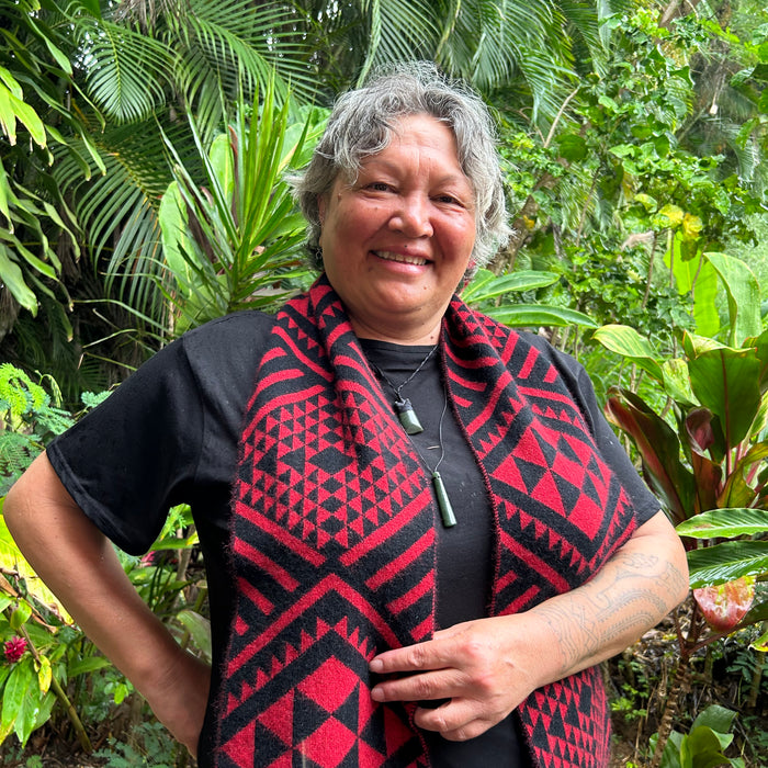 Maori Inspired Kameta in Whero and Pango by Rotorua Fashion Designer Adrienne Whitewood