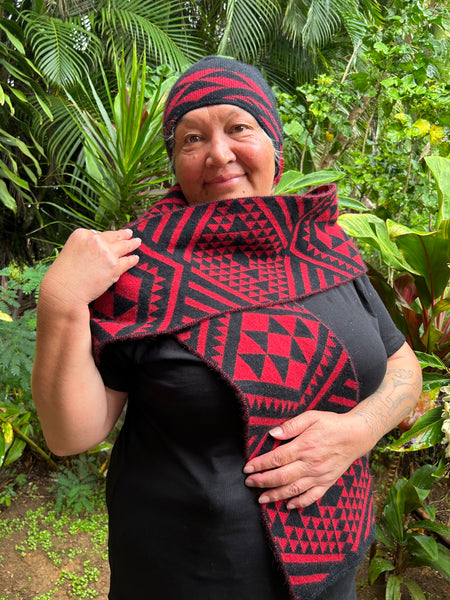 Kakahu Toitu in Whero and Pango with Patere Design by Maori Fashion Designer Adrienne Whitewood