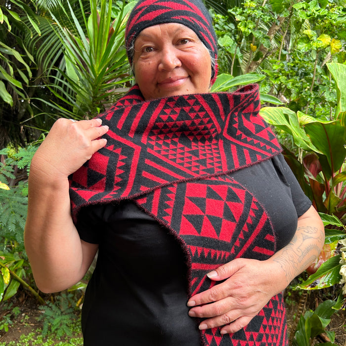 Patere Design Kameta and Potae in Whero and Pango by Maori Fashion Designer Adrienne Whitewood