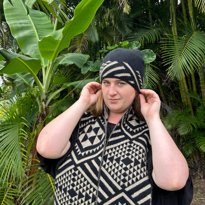 Black and Natural coloured Scarf and Beanie by Aotearoa Fashion Designer Adrienne Whitewood