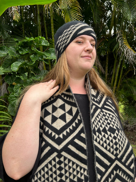 Maori Patere Design in black and natural on knitwear by Rotorua Fashion Designer Adrienne Whitewood