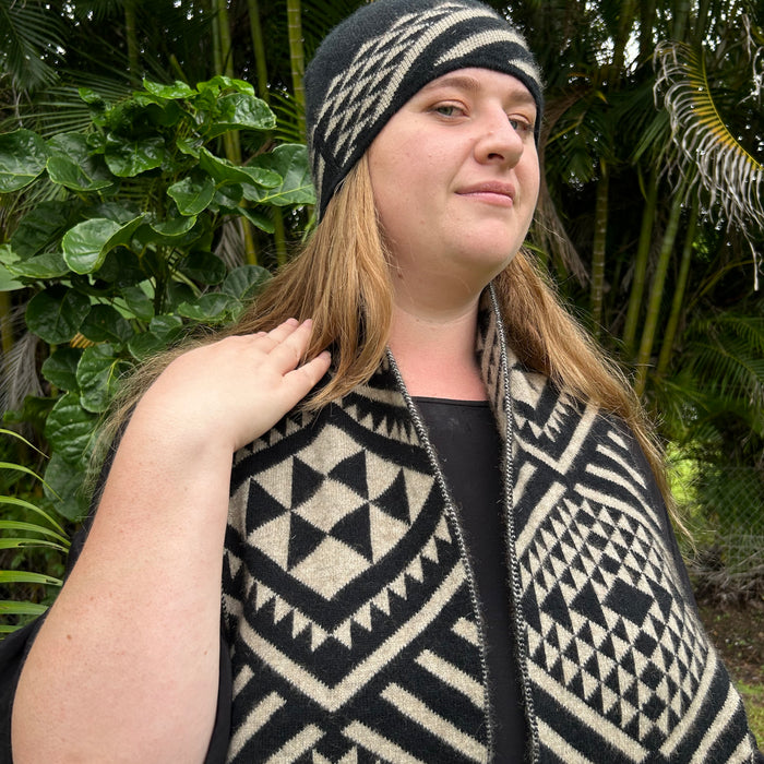 Maori Patere Design in black and natural on knitwear by Rotorua Fashion Designer Adrienne Whitewood